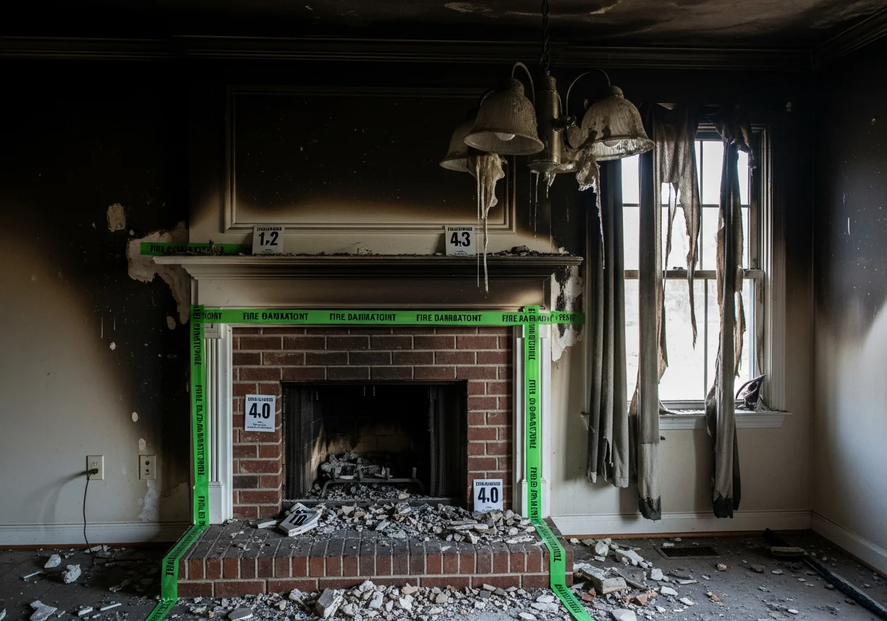 Interior fire and smoke damage showing soot penetration on walls and surfaces inside a Monroe NC home