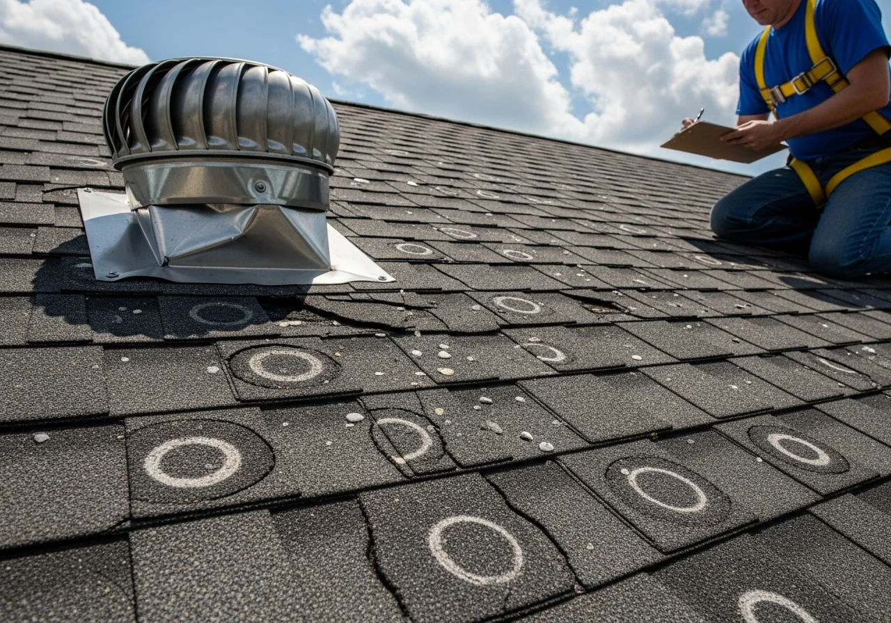Close-up inspection of hail damage to asphalt shingle roof on a Monroe North Carolina brick ranch home showing granulation loss and impact fractures