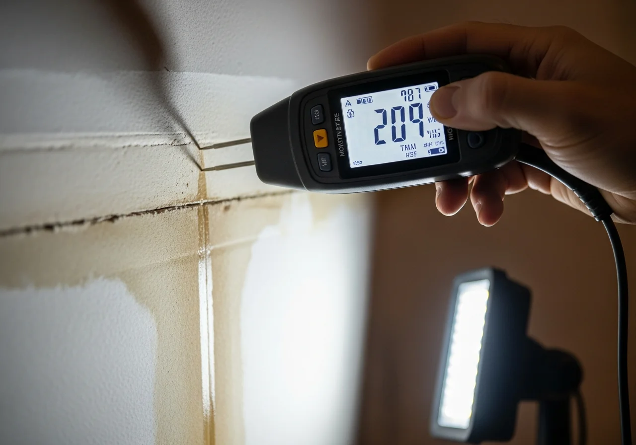 Moisture meter being used on structural wood inside Monroe NC crawl space showing elevated moisture readings