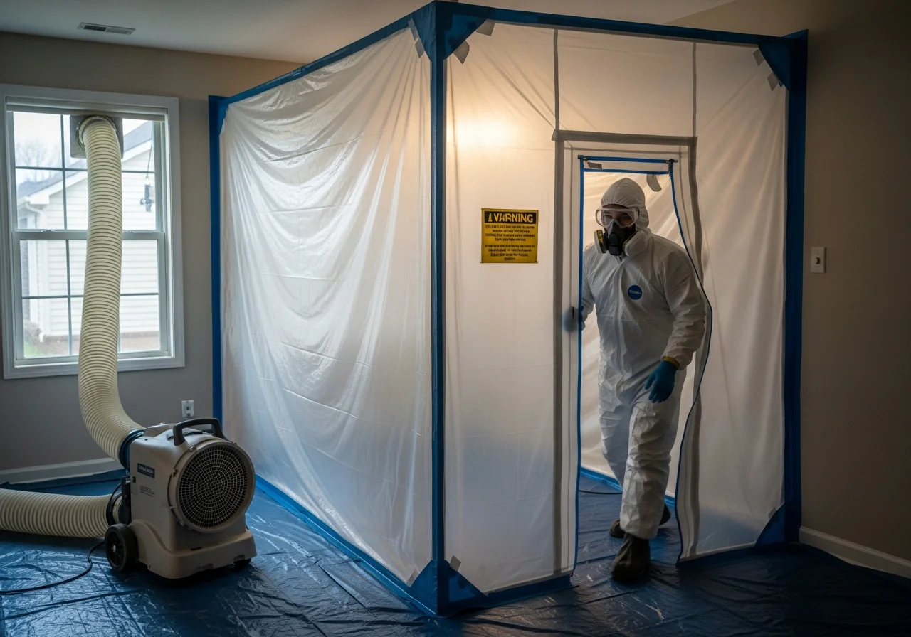 Professional mold remediation containment barrier with HEPA air scrubber setup in Monroe NC home