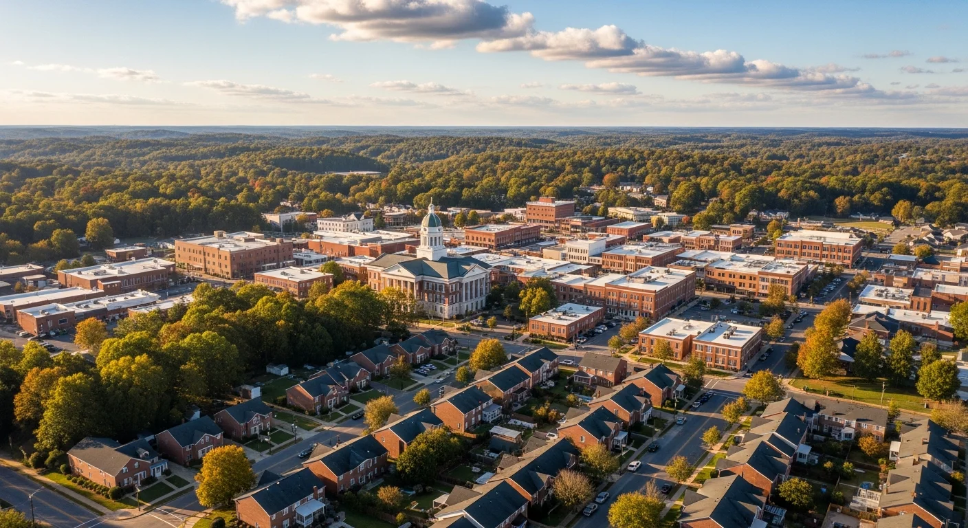 Aerial view of downtown Monroe, North Carolina showing the Union County Courthouse district and surrounding commercial buildings