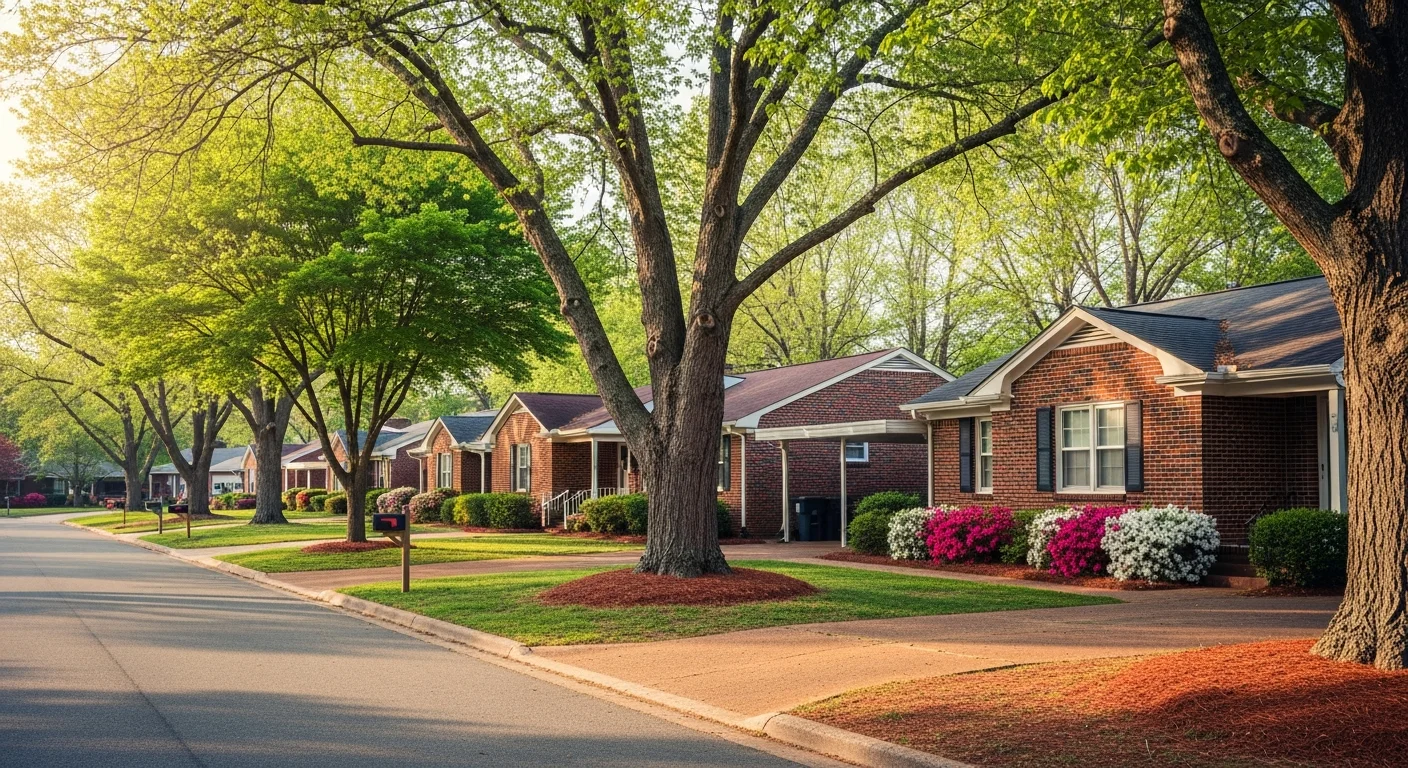 Row of 1980s brick ranch homes on a residential street in Monroe NC representing the city's dominant housing type