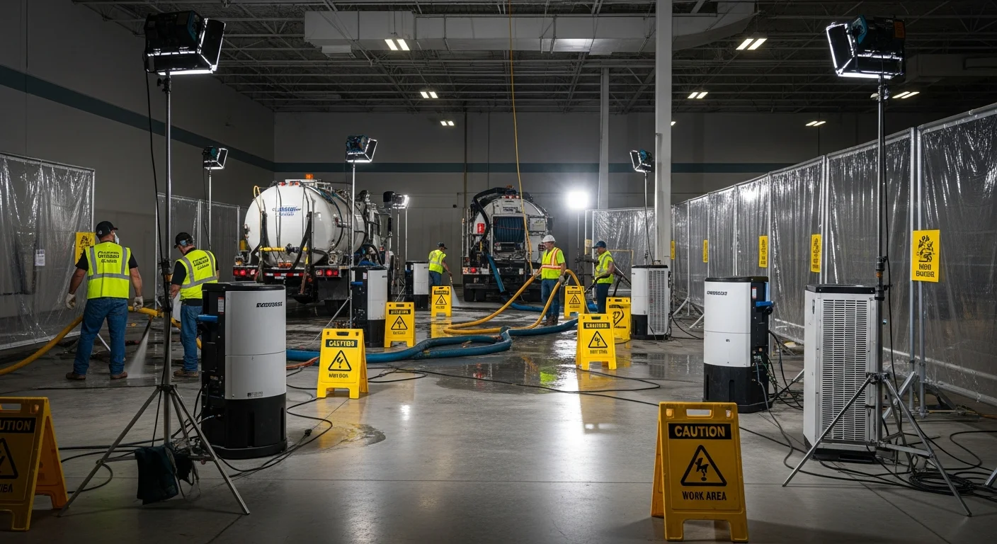 Palm Build commercial restoration team responding to a commercial property loss in Monroe, North Carolina with industrial drying equipment and service vehicles