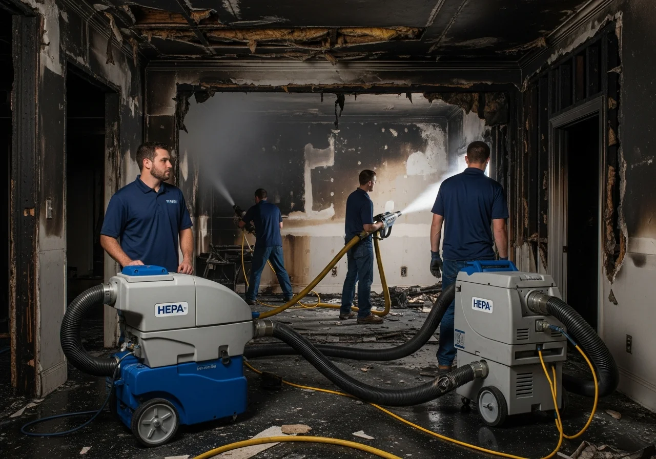 Palm Build fire and smoke damage restoration team responding to a residential fire in Monroe, North Carolina with emergency equipment and protective gear