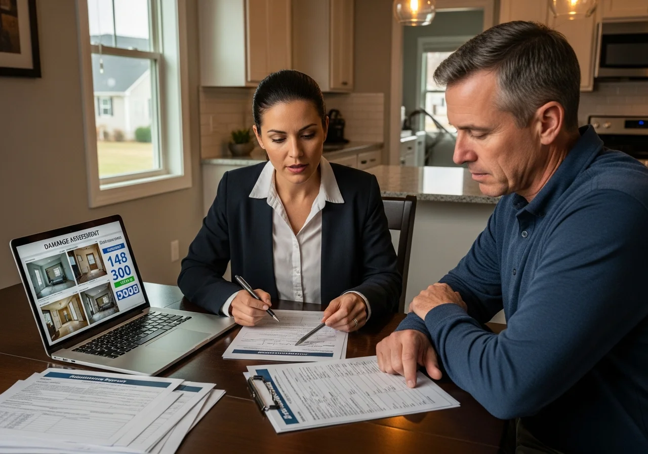 Palm Build specialist reviewing water damage restoration insurance claim paperwork with Monroe NC homeowner