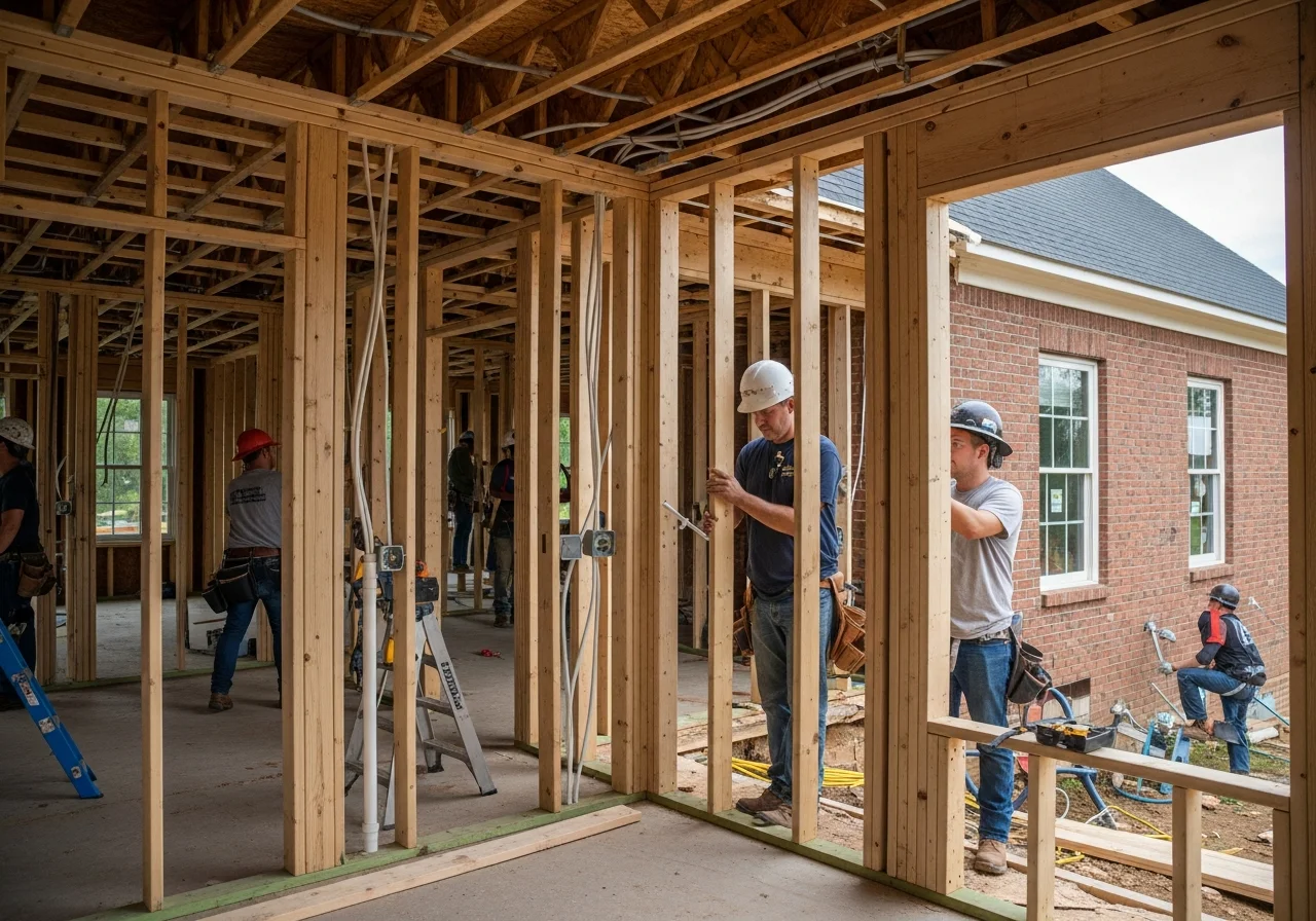 Palm Build reconstruction crew framing and rebuilding a damaged home in Monroe, North Carolina with new lumber and construction materials visible