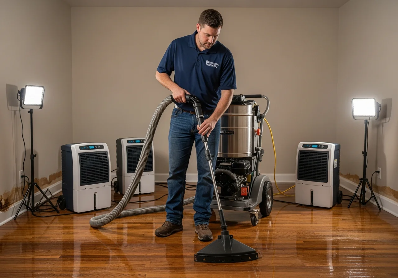 Palm Build technician using truck-mounted water extraction equipment on hardwood floors in Monroe NC home