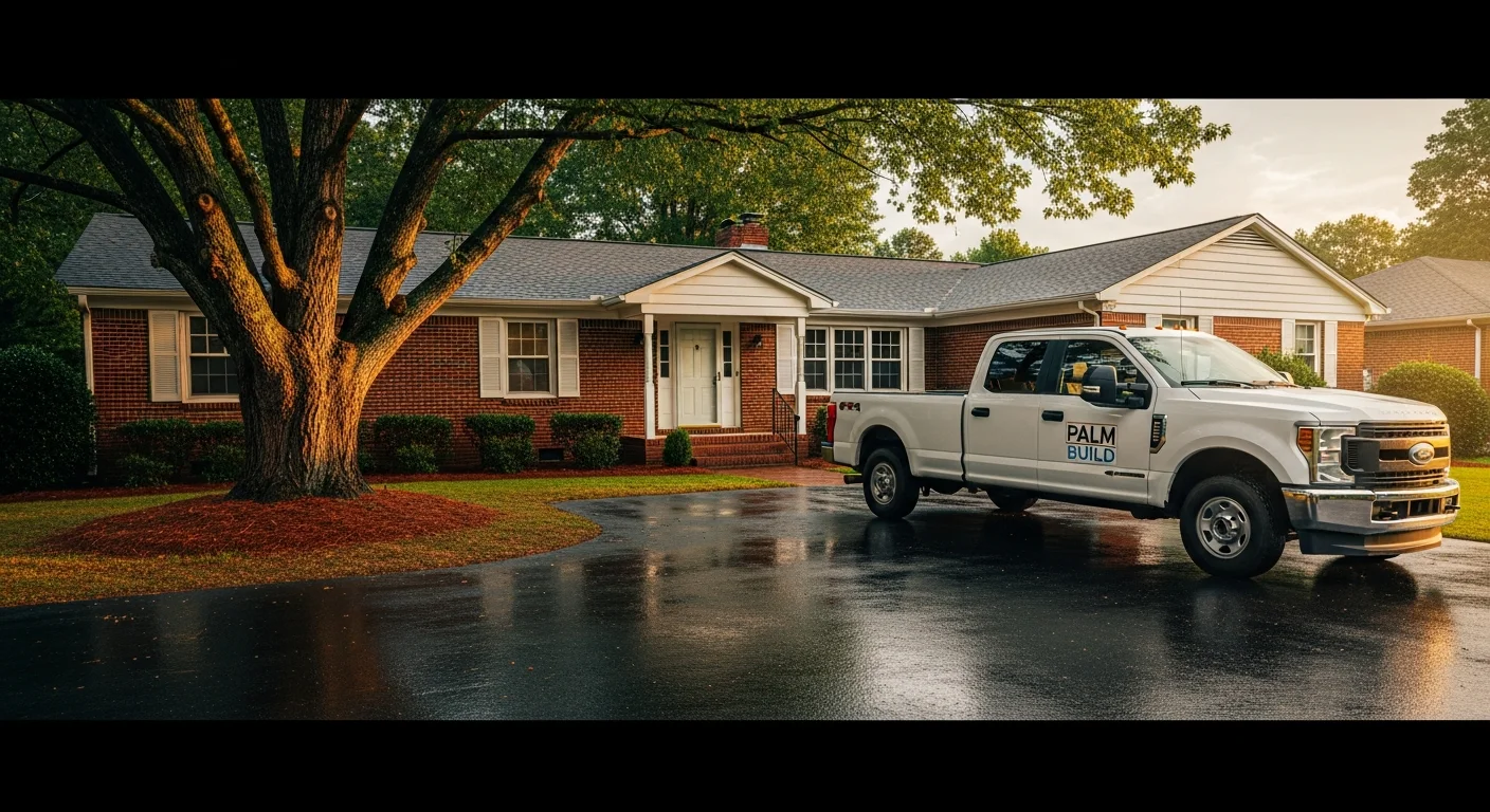 Palm Build restoration truck parked at a Monroe, North Carolina brick ranch home after a rainstorm with red clay soil and mature oak trees visible