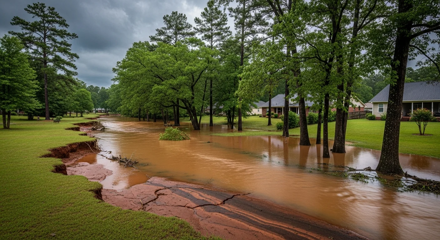 Richardson Creek in Monroe NC at elevated water levels during heavy rainfall showing proximity to residential properties and flood risk corridor