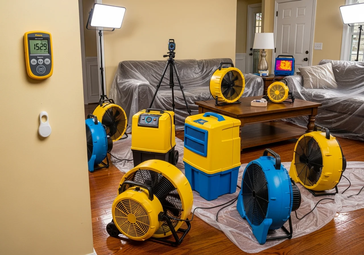 Commercial structural drying equipment deployed in a Monroe NC home after fire suppression water damage