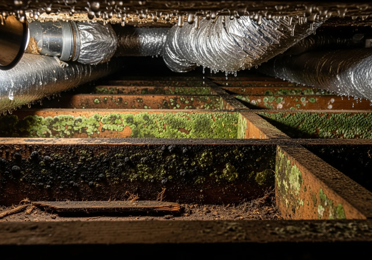 Active mold growth on floor joists inside a Mooresville NC crawl space showing colonies on structural wood