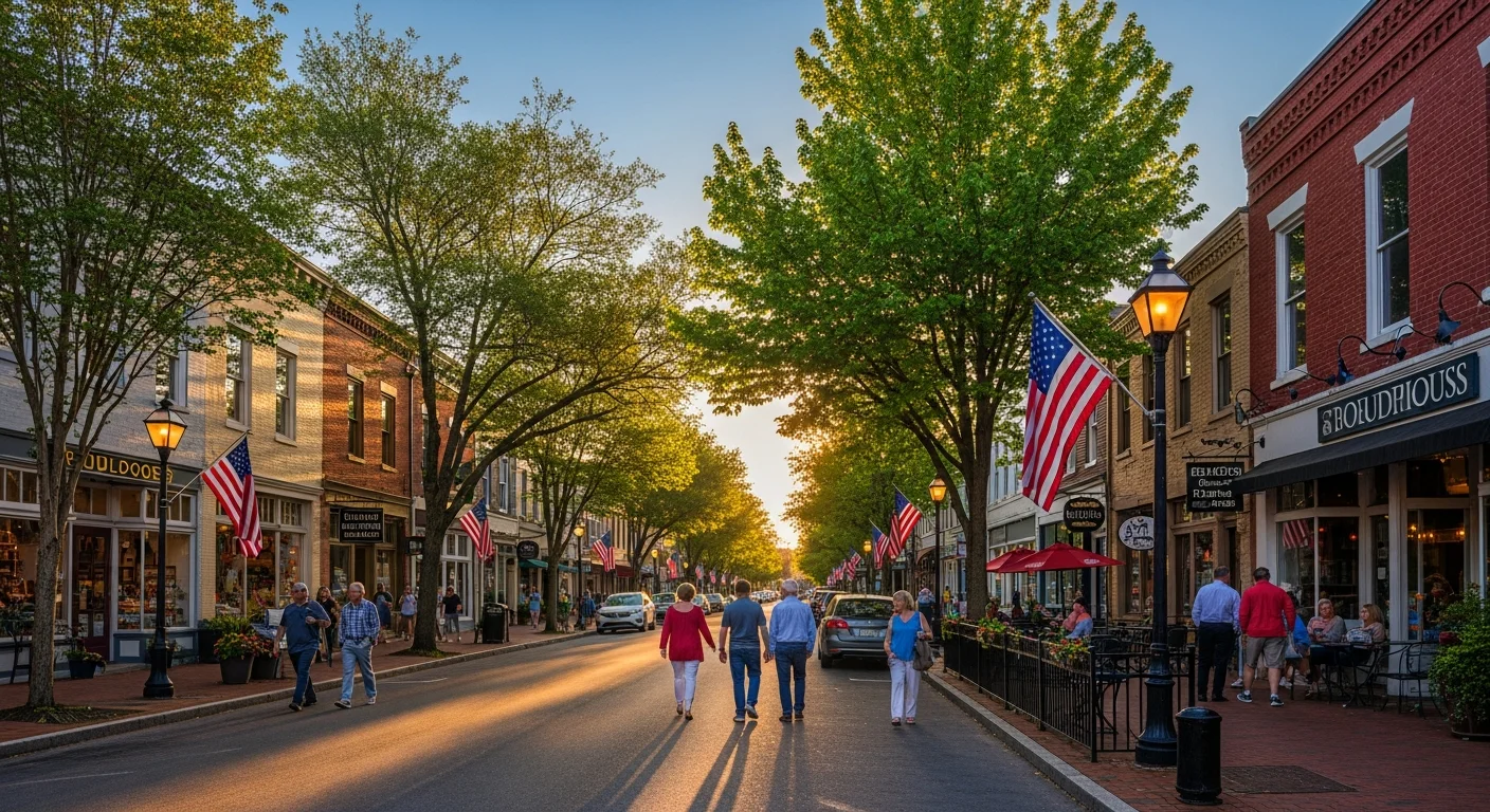 Downtown Mooresville Main Street showing historic commercial storefronts, restaurants, and retail that Palm Build restores in Race City USA