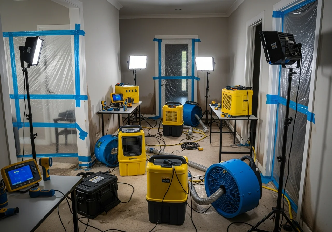 Industrial drying equipment deployed in a fire-damaged Mooresville NC home
