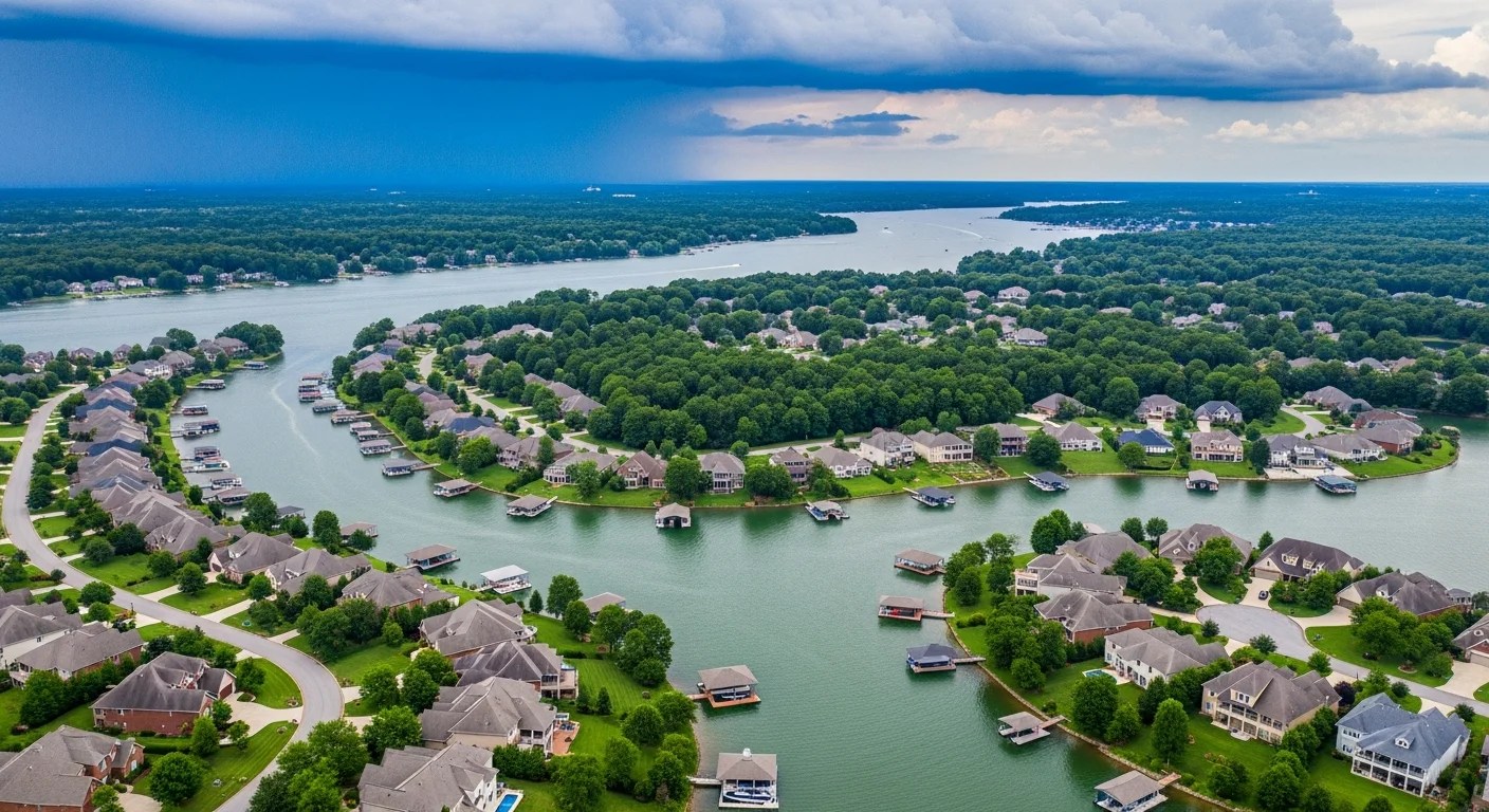 Aerial view of Lake Norman waterfront communities in Mooresville NC showing residential neighborhoods adjacent to the lake