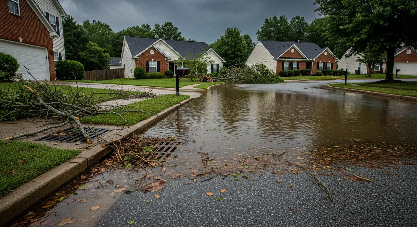 Post-storm flooding on a residential street in Mooresville NC with water pooling in yards from overwhelmed storm drains