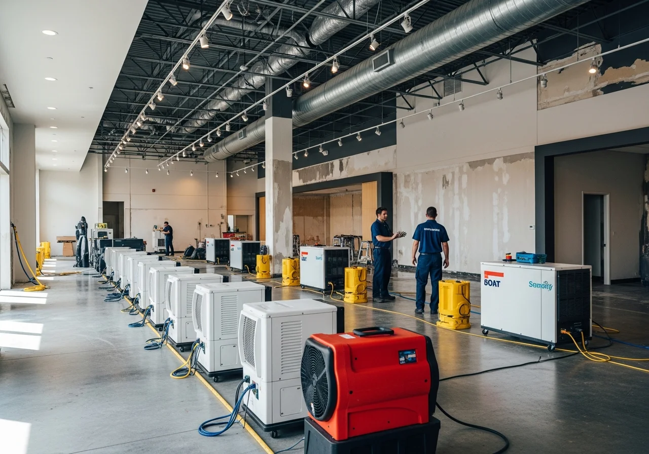 Palm Build commercial restoration team responding to a commercial property loss in Mooresville, North Carolina with industrial drying equipment and service vehicles