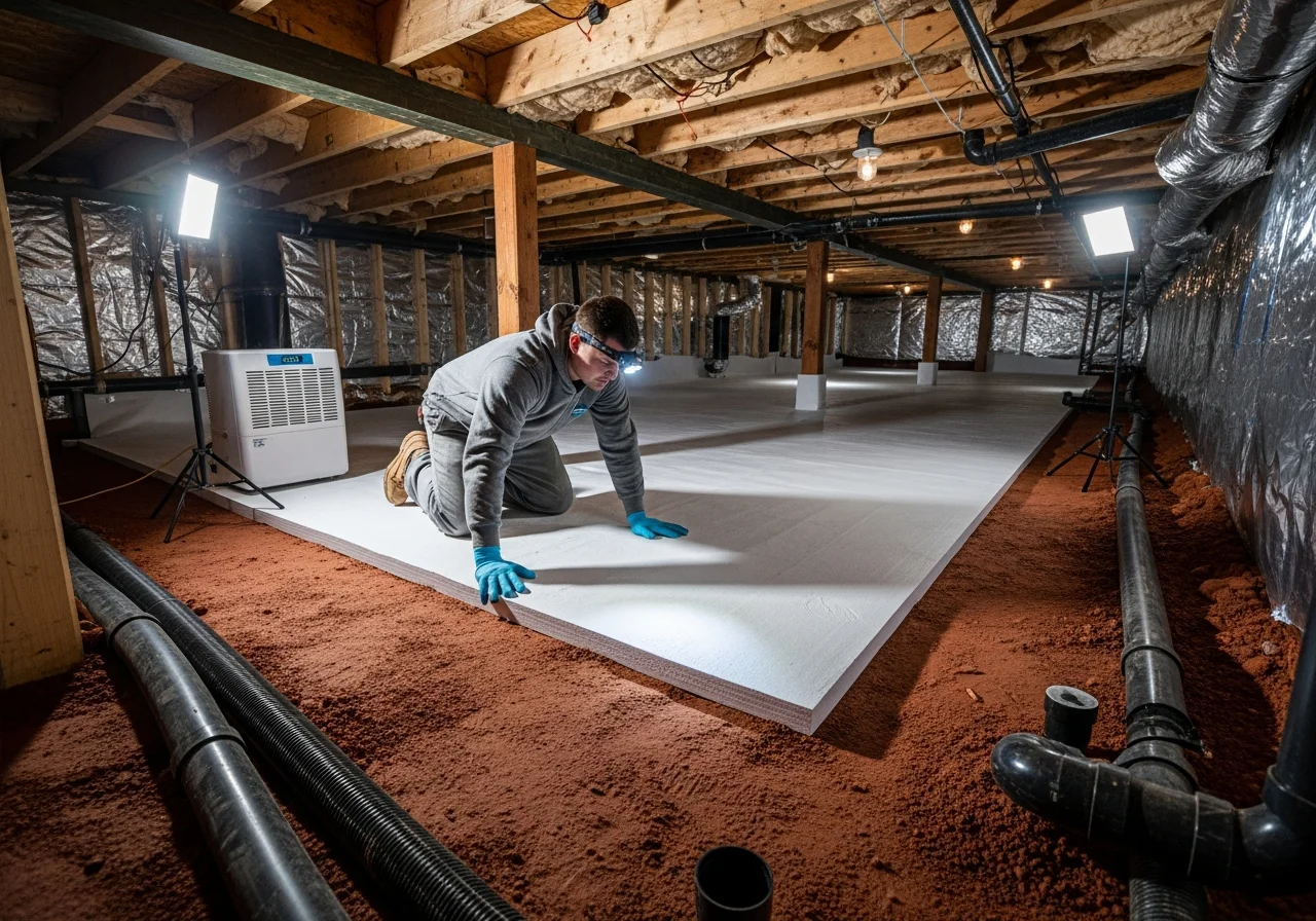 Palm Build technician installing crawl space encapsulation vapor barrier in a Mooresville NC home near Lake Norman with Piedmont red clay visible on the ground