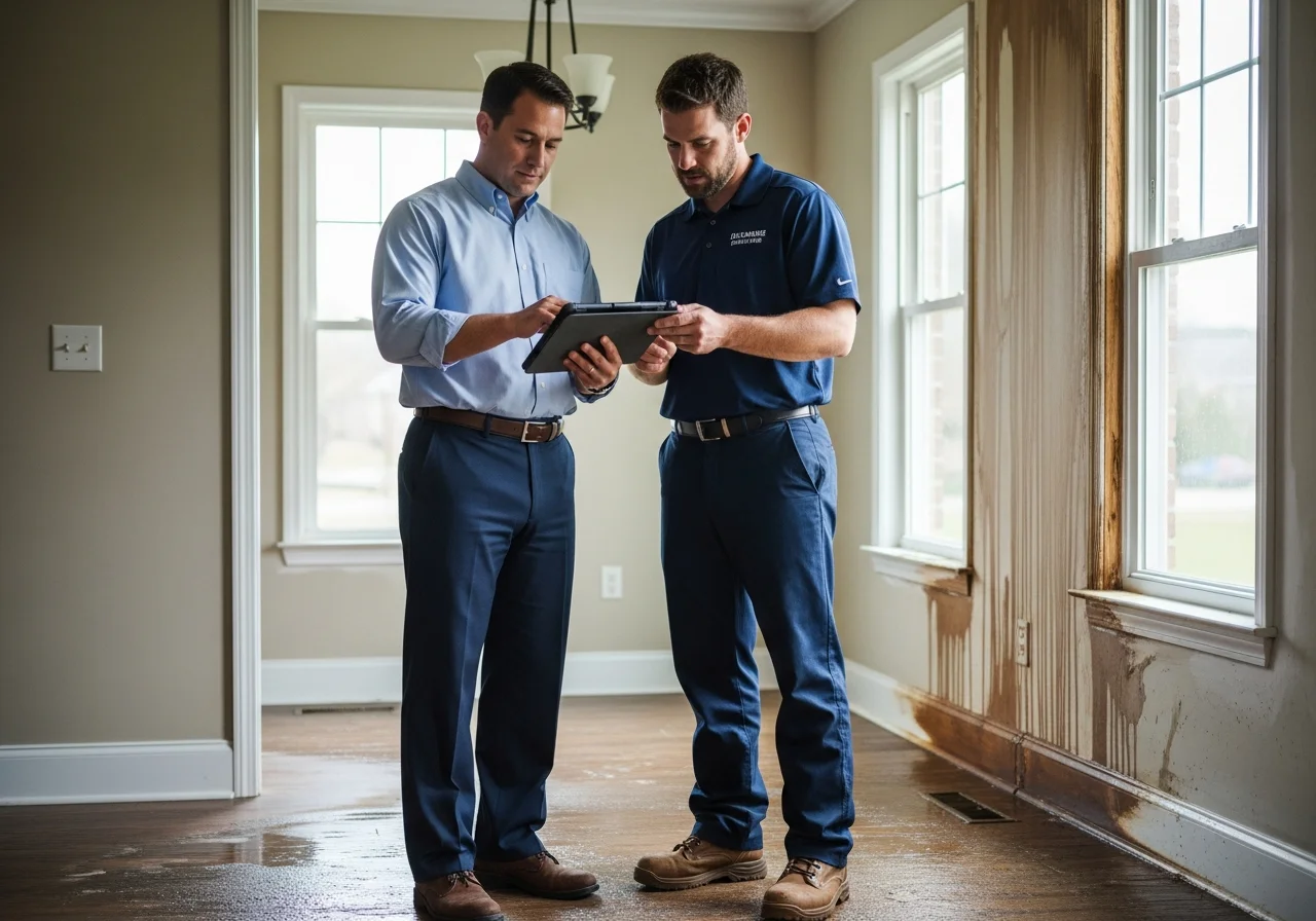 Palm Build project manager reviewing reconstruction plans and insurance documentation with Mooresville NC homeowner