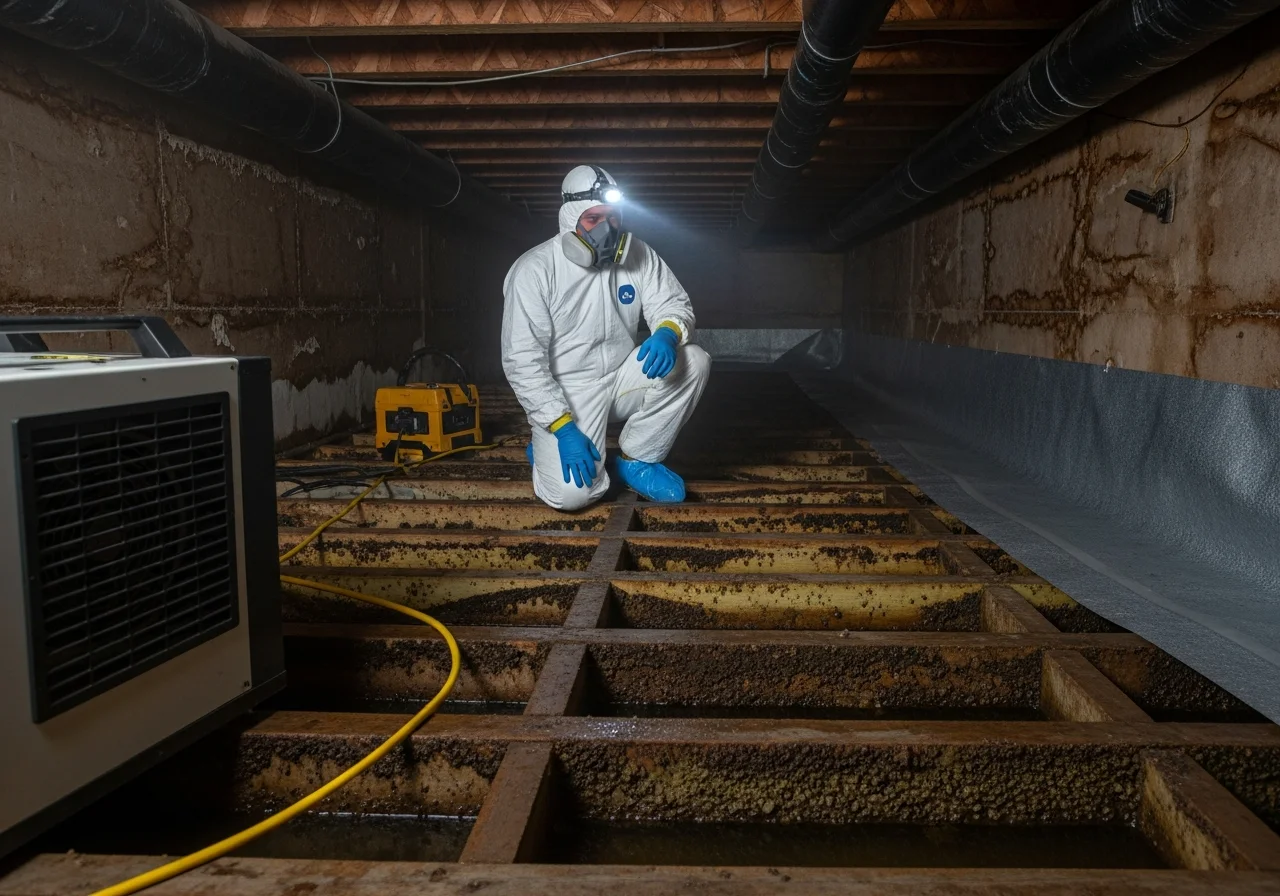 Palm Build technician performing mold remediation in a Mooresville NC crawl space using HEPA filtration and containment barriers