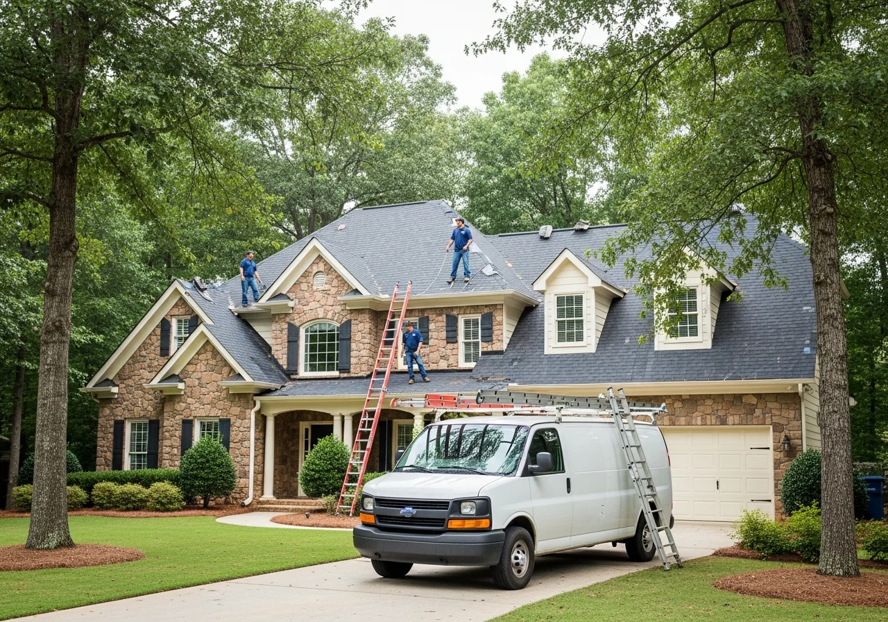 Palm Build team performing emergency roof inspection on a storm-damaged Mooresville NC home with wind damage to shingles and flashing visible