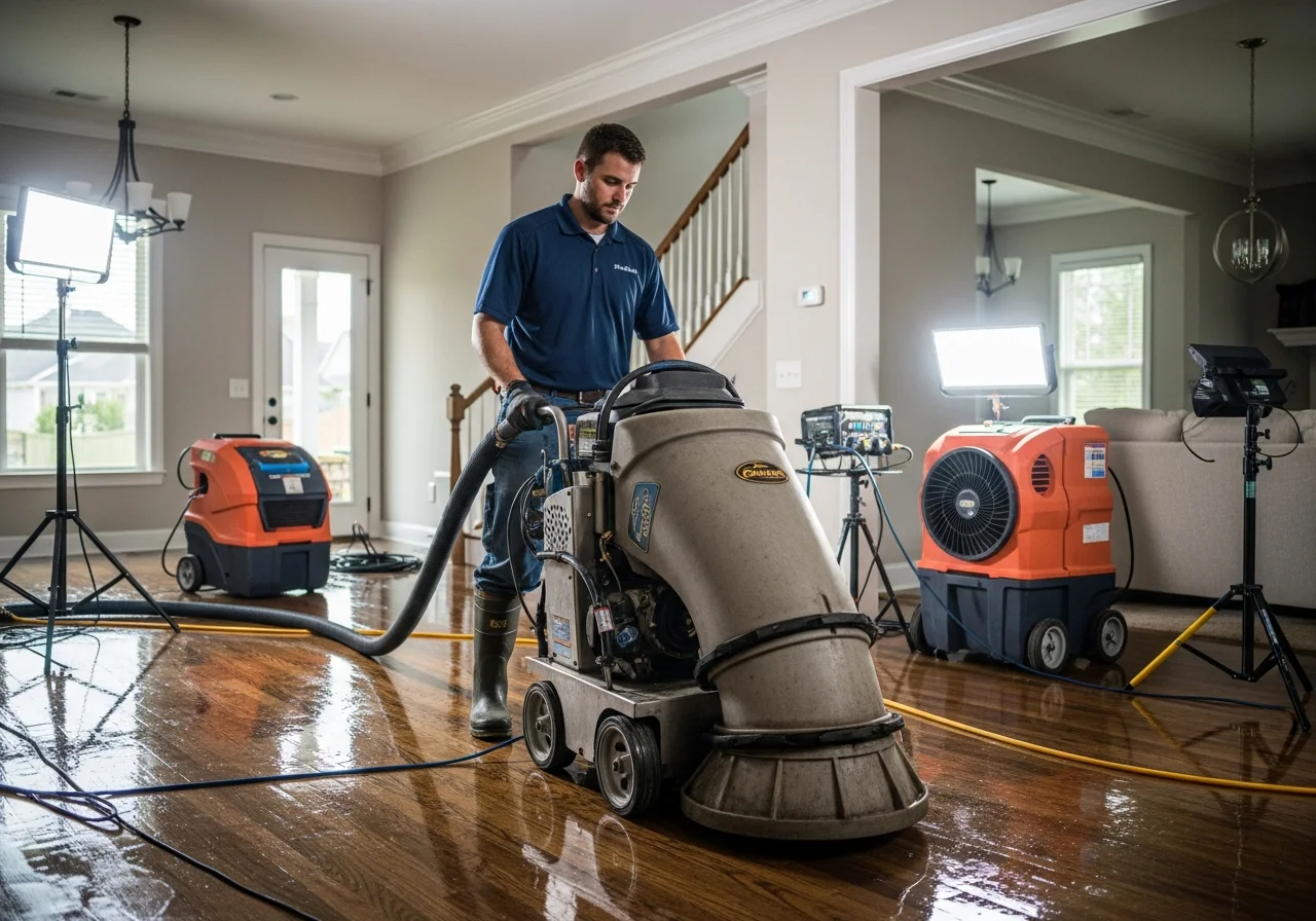 Palm Build technician extracting standing water from hardwood floors in a Mooresville NC home with industrial truck-mounted equipment