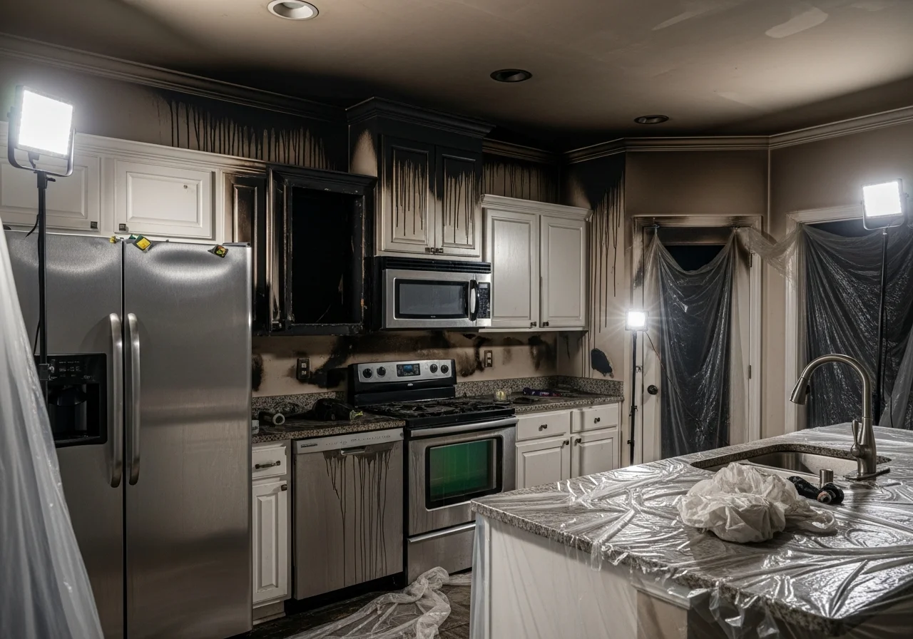 Soot and smoke damage on kitchen surfaces in a Mooresville NC home