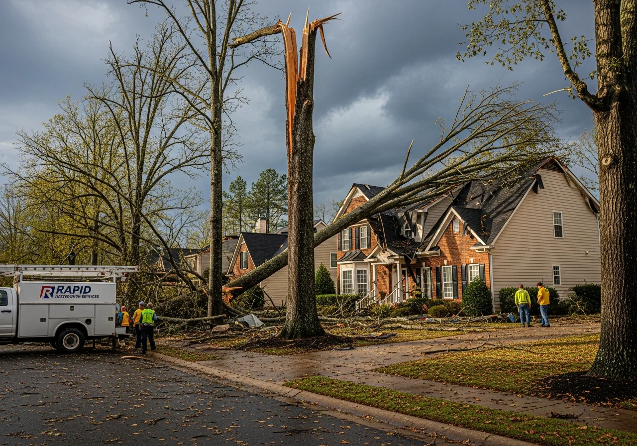 Storm damage showing a fallen tree on a residential roof in a Mooresville NC neighborhood after severe weather