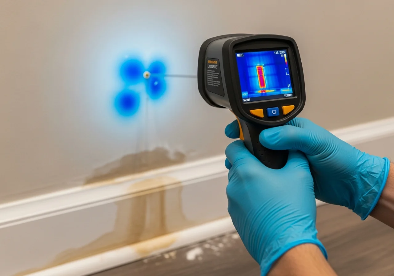 Thermal imaging camera detecting hidden moisture in a Mooresville NC home showing temperature differentials on crawl space surfaces