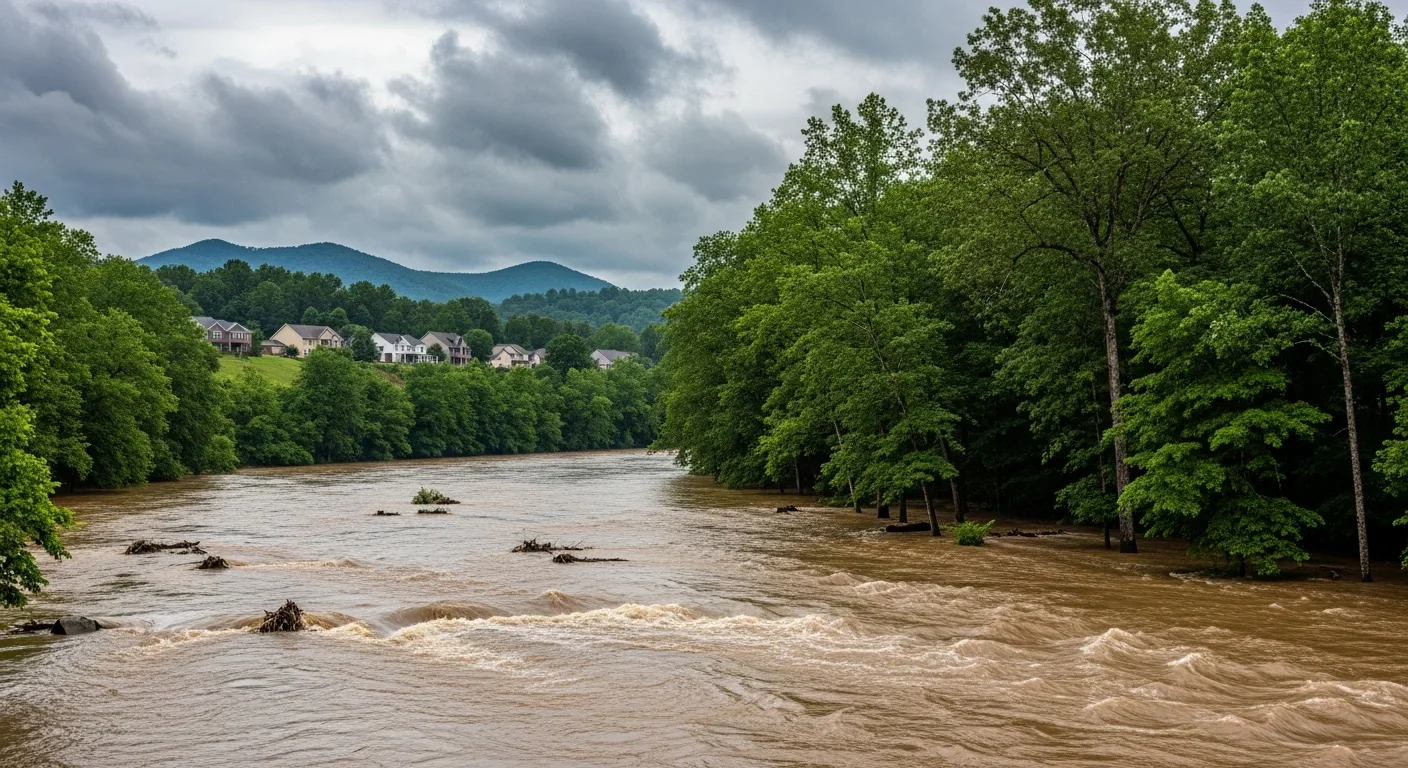 Catawba River in Burke County NC running high and muddy after heavy rain with Blue Ridge foothills and residential areas visible in background