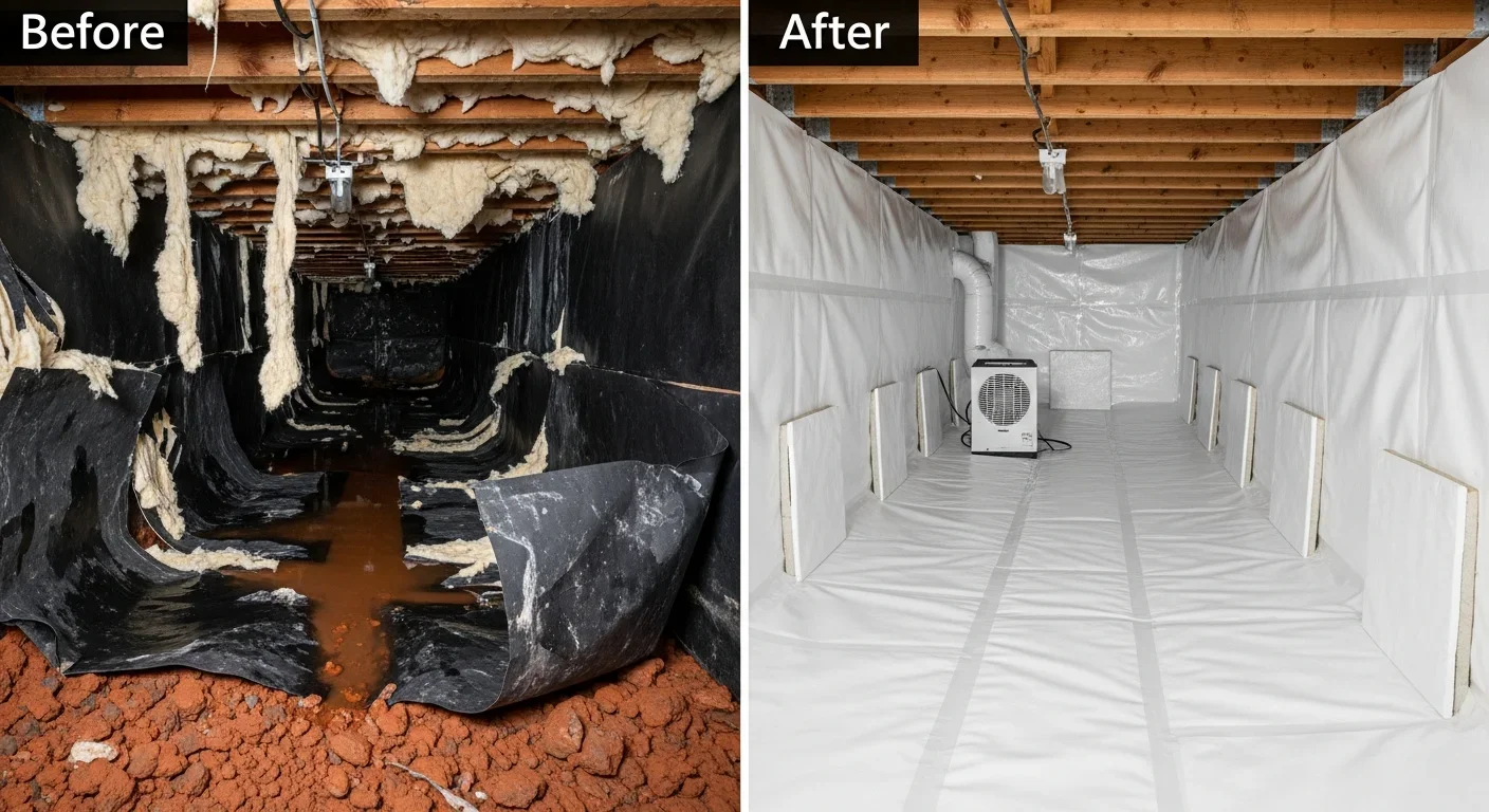 Before and after crawl space encapsulation in a Morganton NC home showing transformation from moisture-damaged to clean sealed crawl space