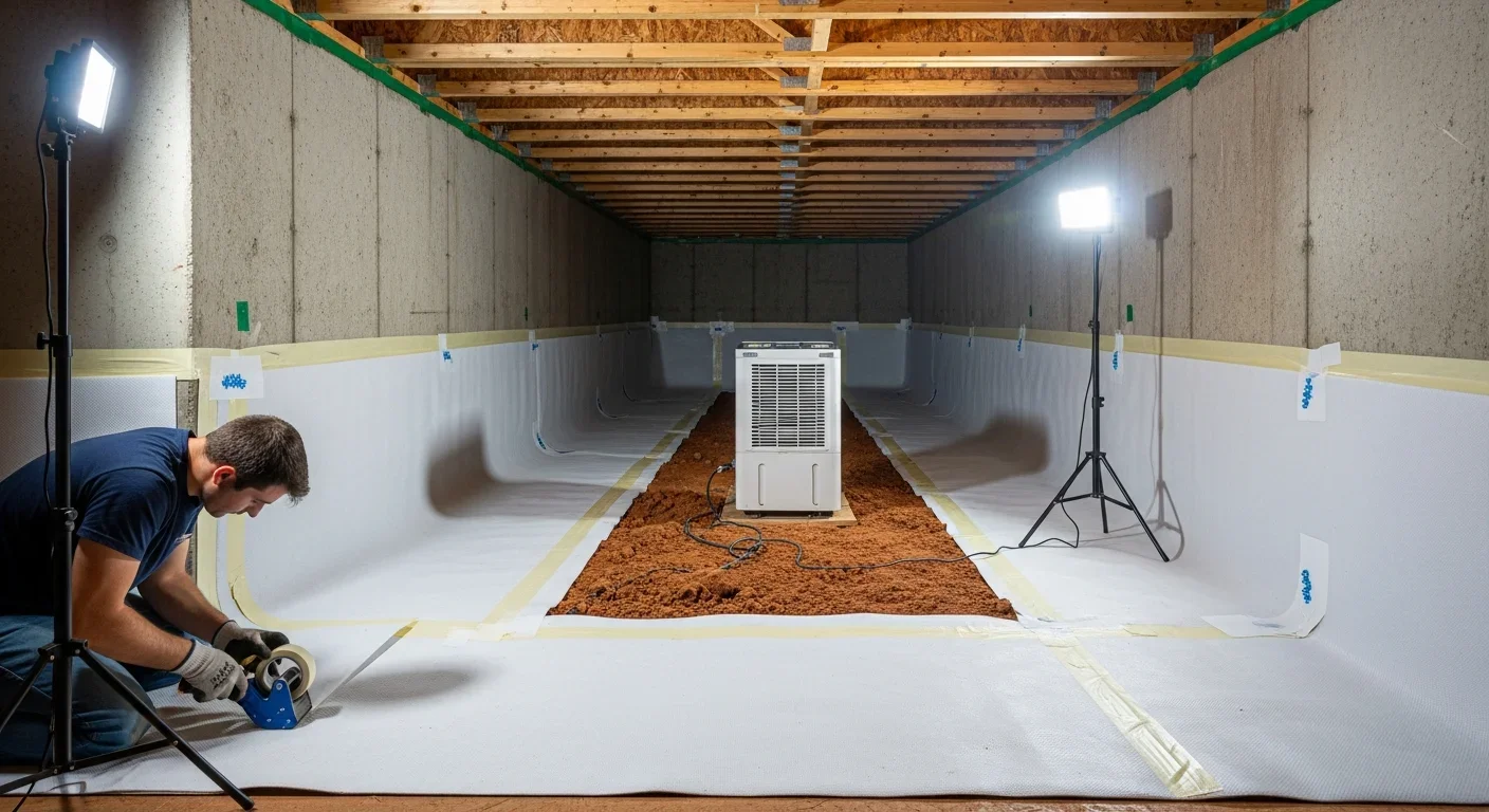 Professional vapor barrier installation in a Morganton NC crawl space with white reinforced polyethylene being sealed to foundation walls