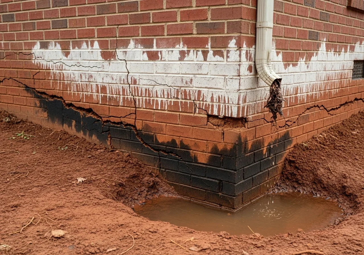 Foundation water damage and moisture intrusion signs on a Morganton NC home showing efflorescence and staining