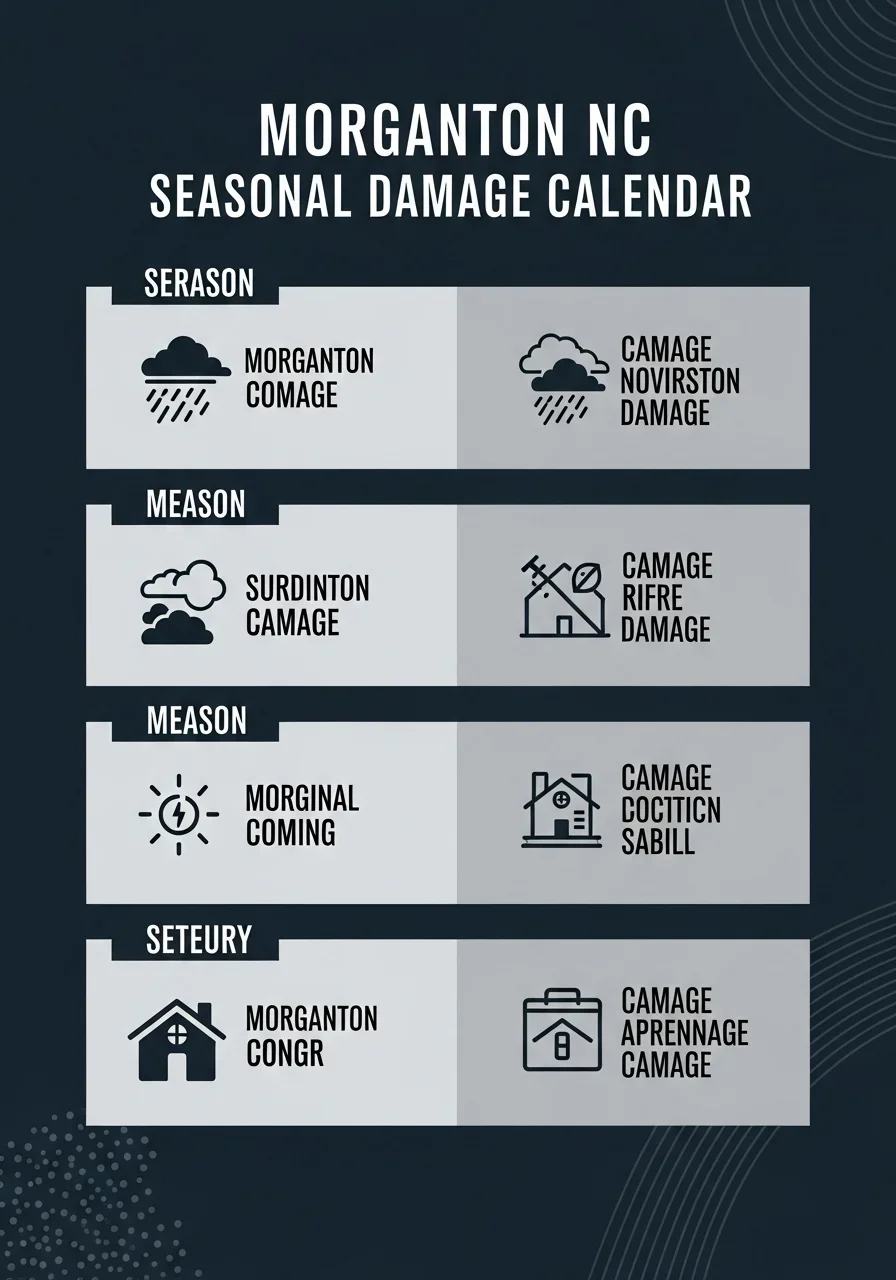 Infographic showing Morganton NC seasonal water damage calendar with monthly rainfall and damage risk types throughout the year