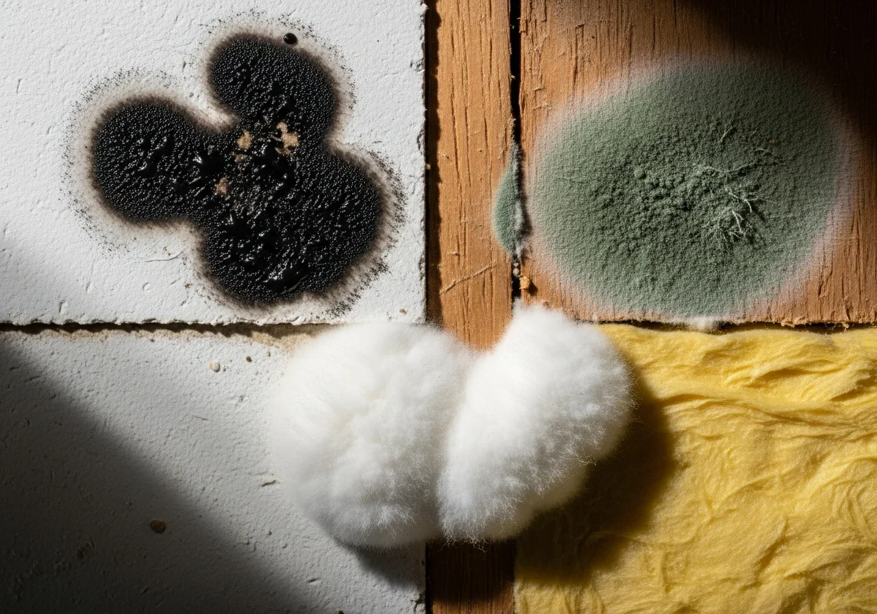 Close-up of different mold species on building materials including Stachybotrys on drywall and Aspergillus on wood framing