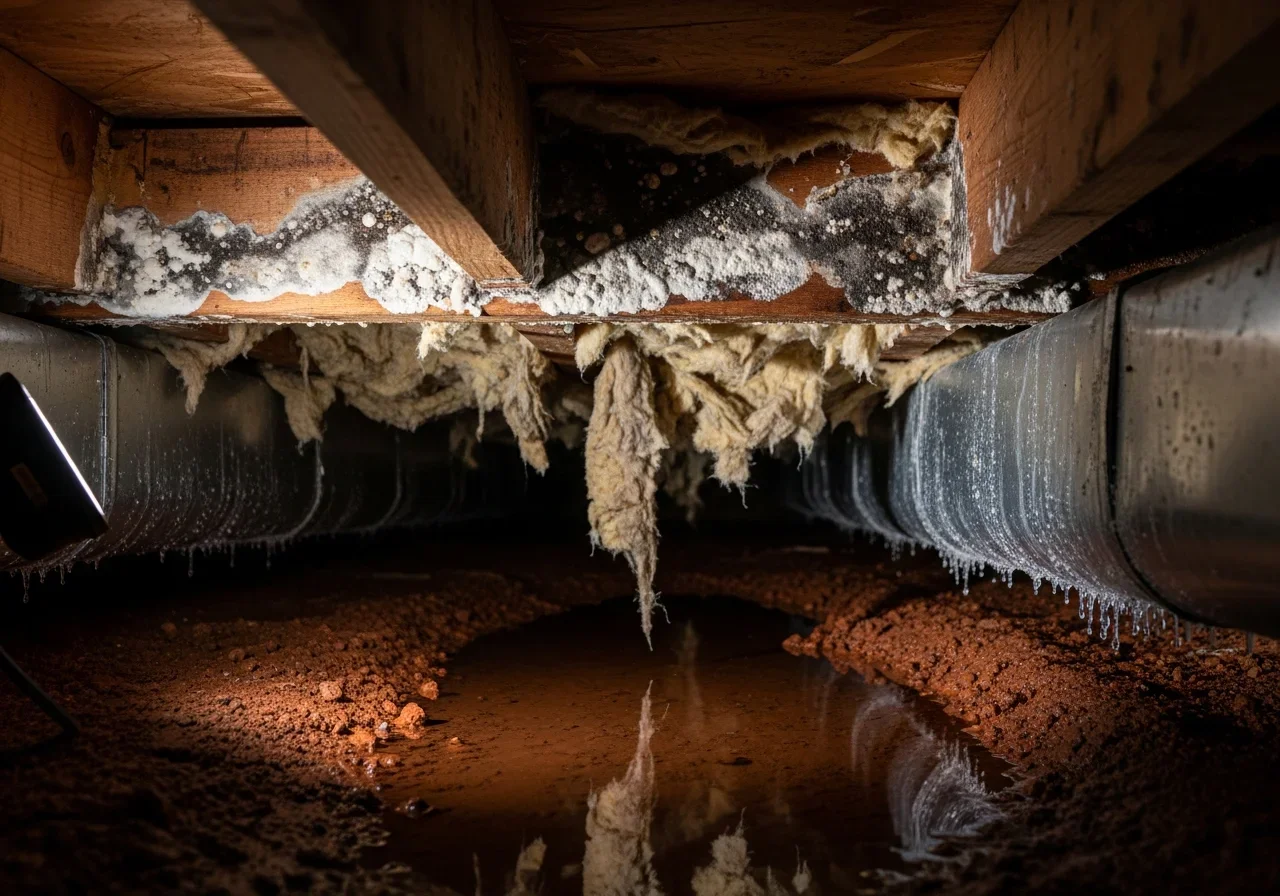Mold growth and moisture damage on crawl space floor joists beneath a Morganton NC home with red clay soil and deteriorated vapor barrier