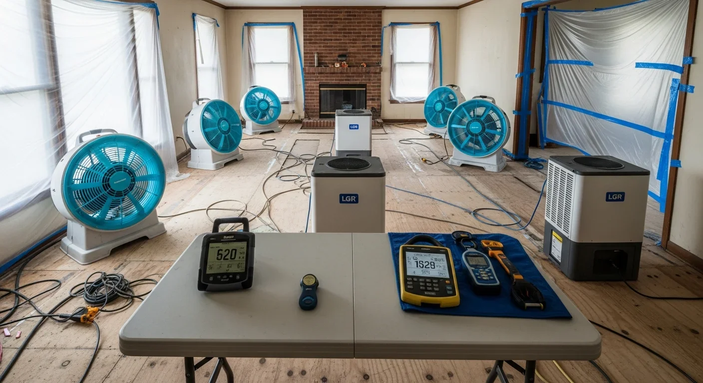 Commercial LGR dehumidifiers and air movers deployed during water damage restoration in a Morganton NC home