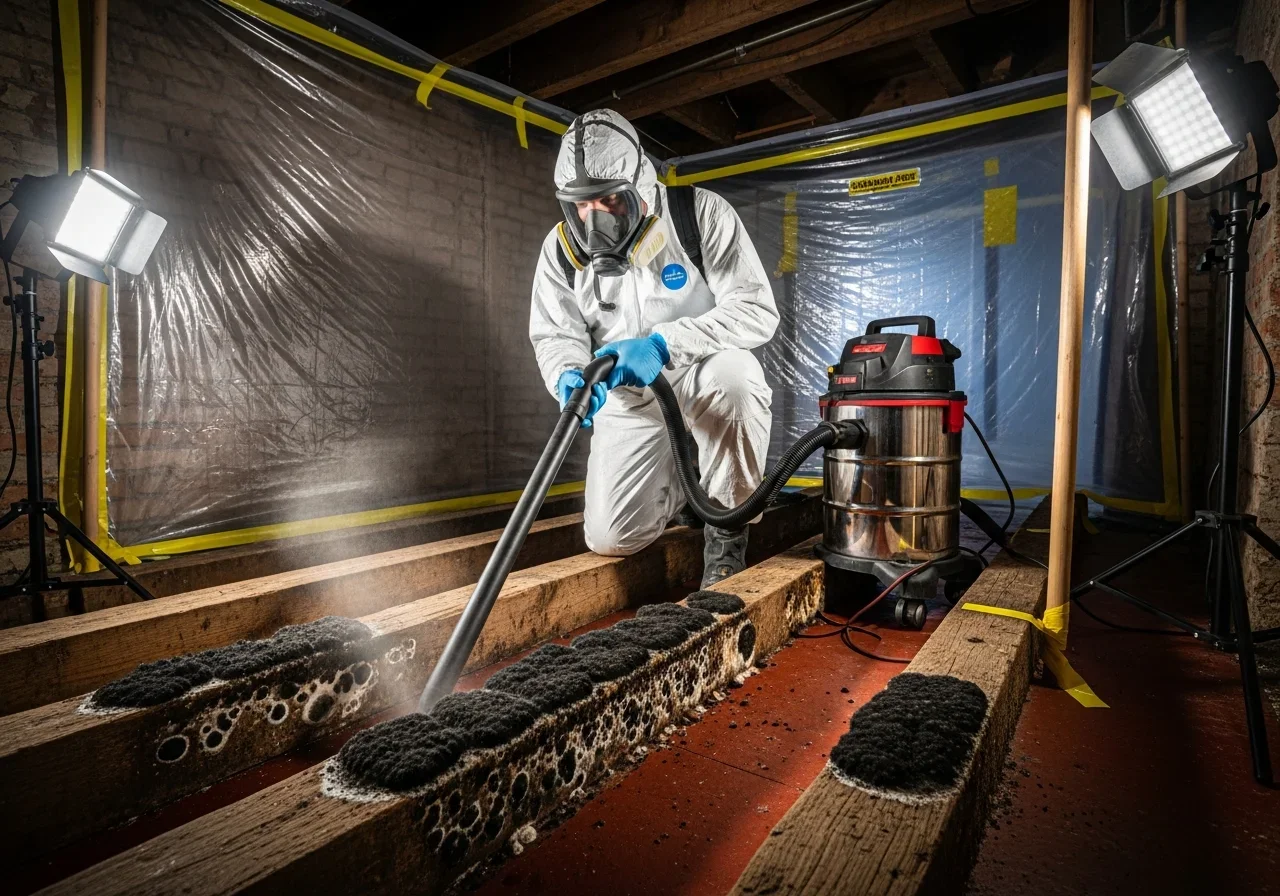 HEPA vacuuming mold from crawl space floor joists in a Morganton NC home during professional remediation