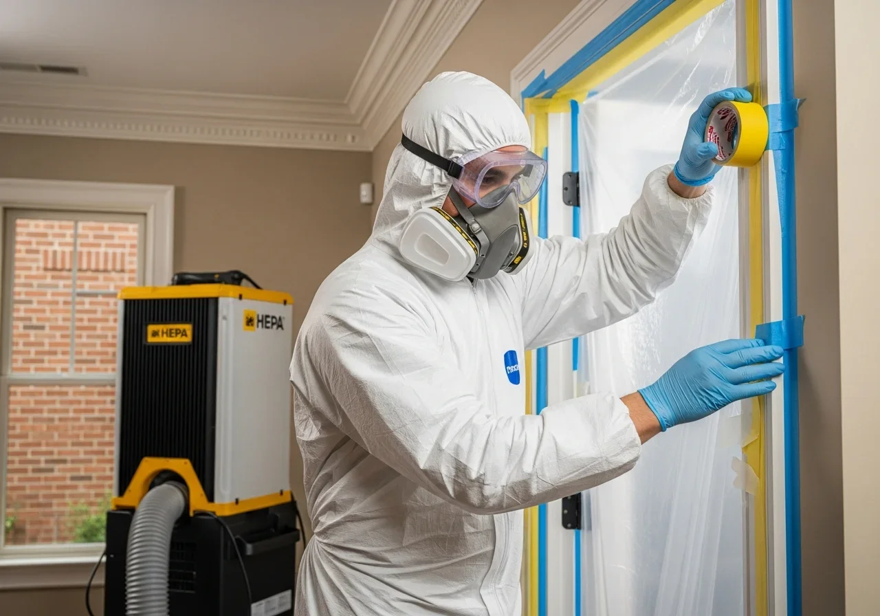 Palm Build technician in Tyvek suit setting up mold containment with plastic sheeting and HEPA air scrubber in a Morganton NC home