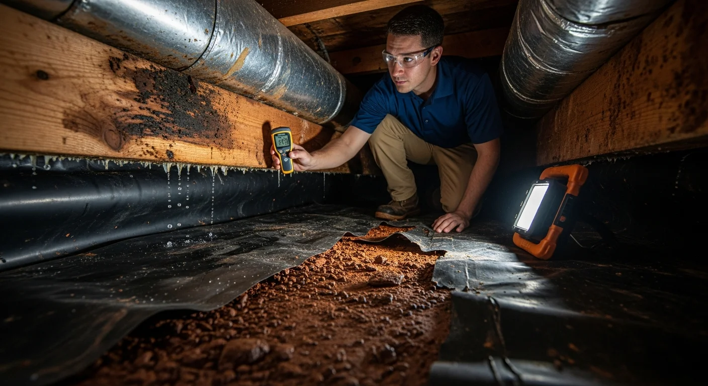 Palm Build technician inspecting mold growth on floor joists in a crawl space beneath a Morganton NC foothills home with moisture meter and LED work lights