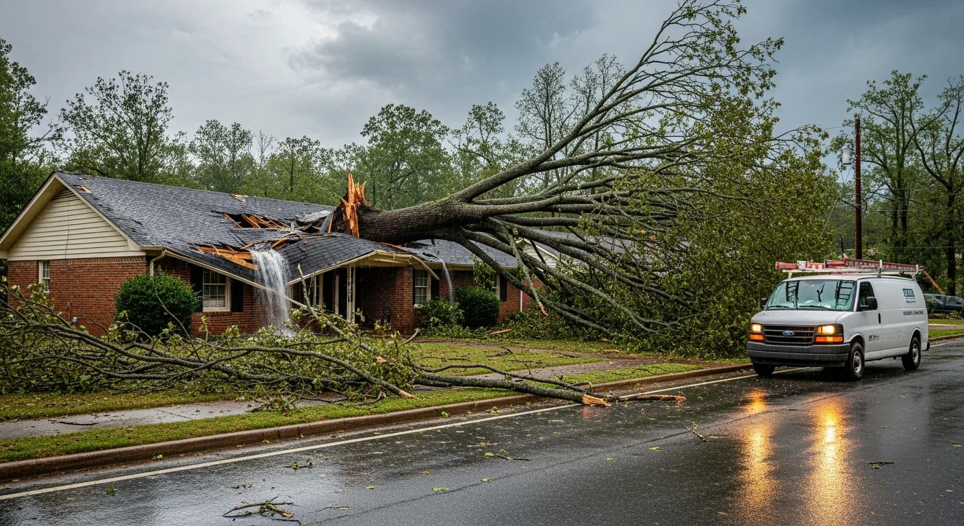 Storm damage on a residential street in Morganton NC with tree impact on roof and Palm Build response van arriving