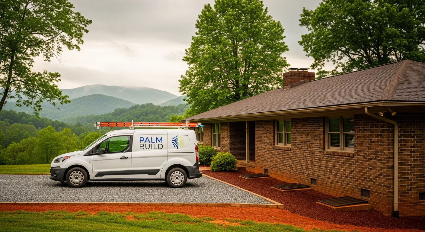 Palm Build restoration truck at a brick ranch home in Morganton, North Carolina with Blue Ridge foothills visible in the background after rainfall
