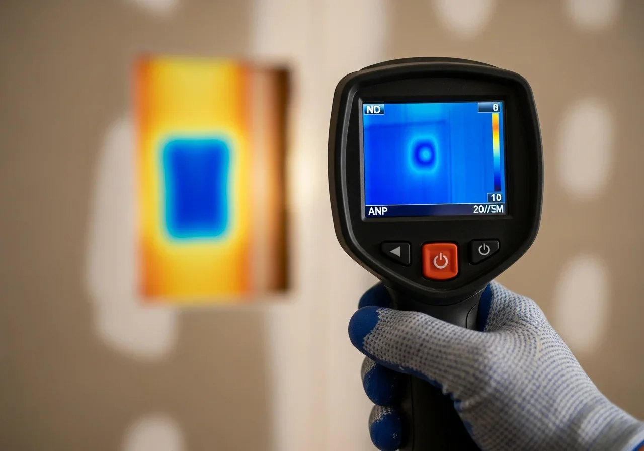 Infrared thermal imaging camera detecting hidden moisture behind walls during water damage assessment in Morganton NC