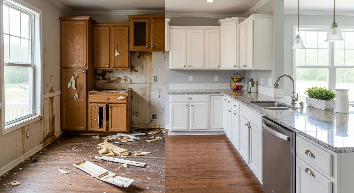 Before and after insurance restoration in a Mount Holly NC kitchen showing complete recovery from water damage