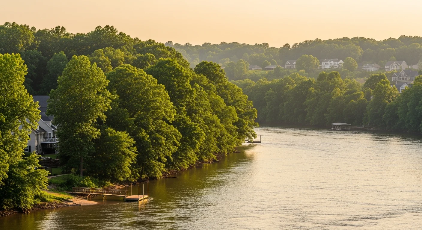 Aerial view of the Catawba River corridor through Mount Holly, North Carolina showing the river's proximity to residential neighborhoods and the flood risk geography