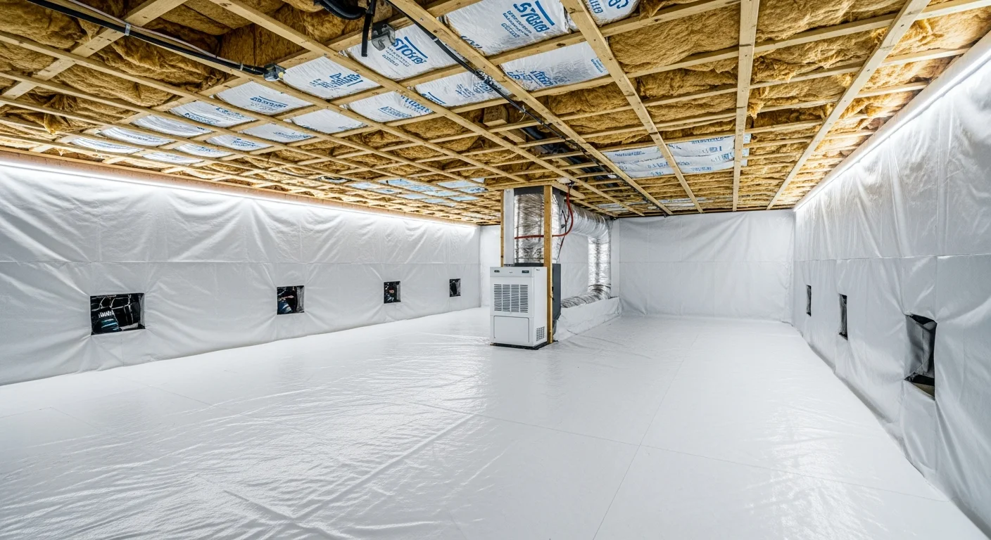 Completed crawl space encapsulation with white vapor barrier installed beneath a Mount Holly NC home after mold remediation