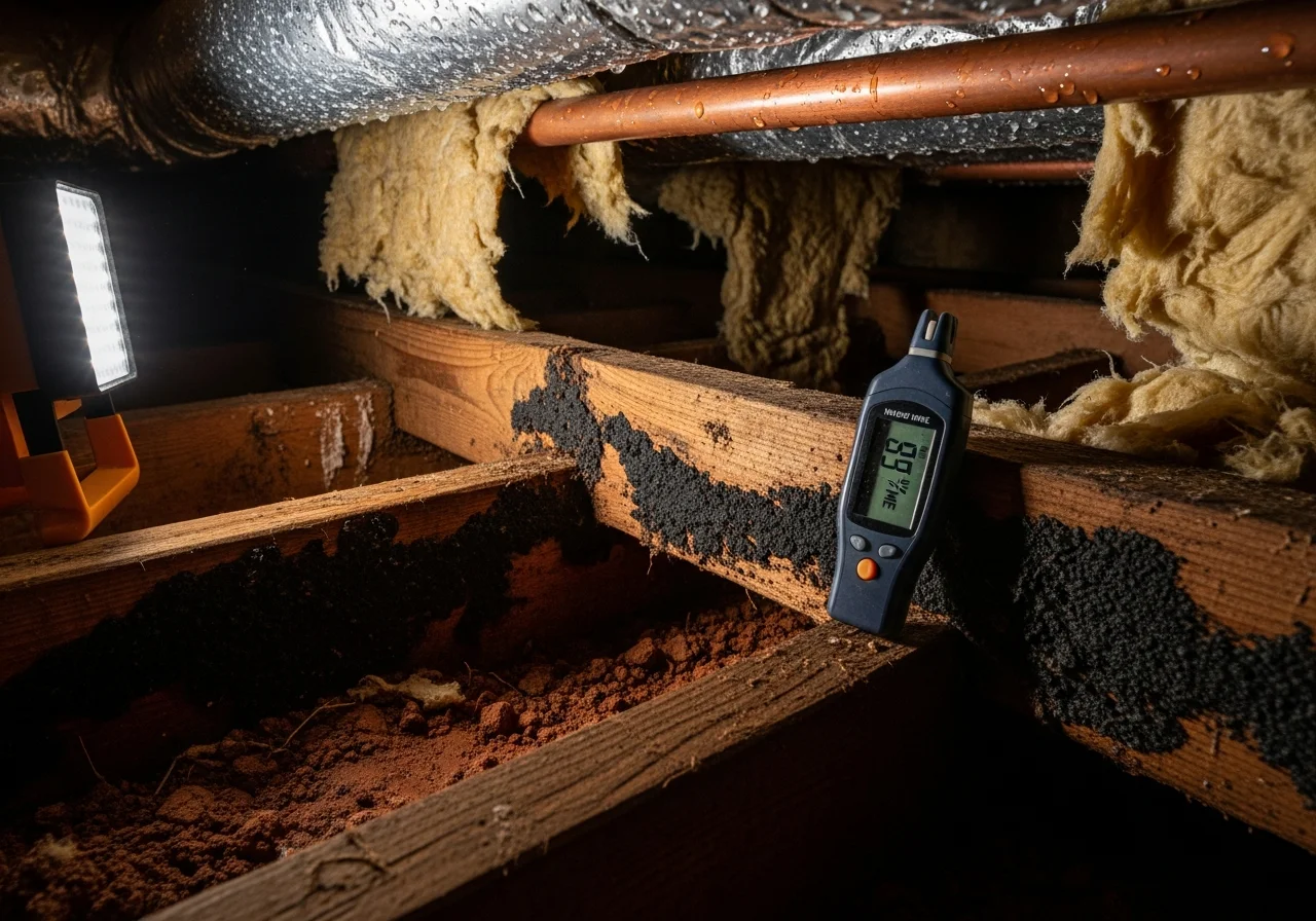 Moisture damage and mold growth visible on crawl space structural members beneath a Mount Holly NC home with red Piedmont clay soil