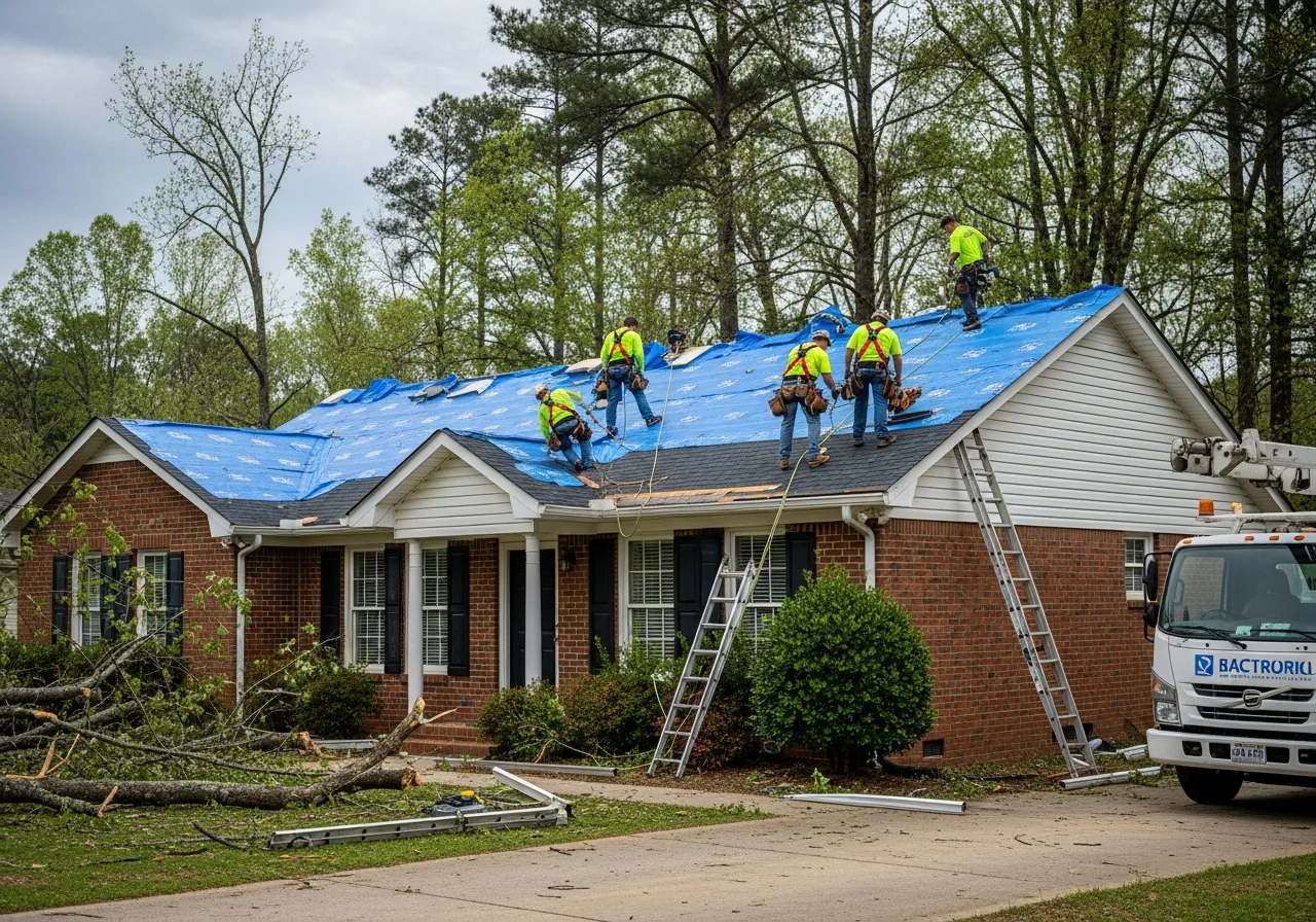 Palm Build crew performing emergency roof tarping on a storm-damaged Mount Holly NC home with heavy-duty UV-resistant tarp being mechanically secured to exposed roof decking