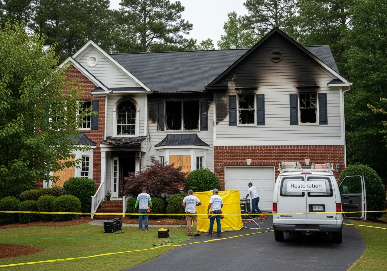 Fire-damaged home exterior in Mount Holly, North Carolina showing smoke and heat damage