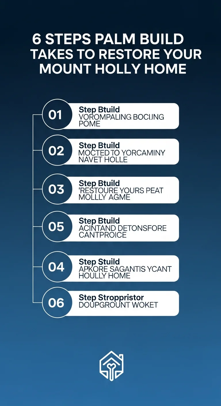 Infographic showing Palm Build's 6-step water damage restoration process for Mount Holly NC homes