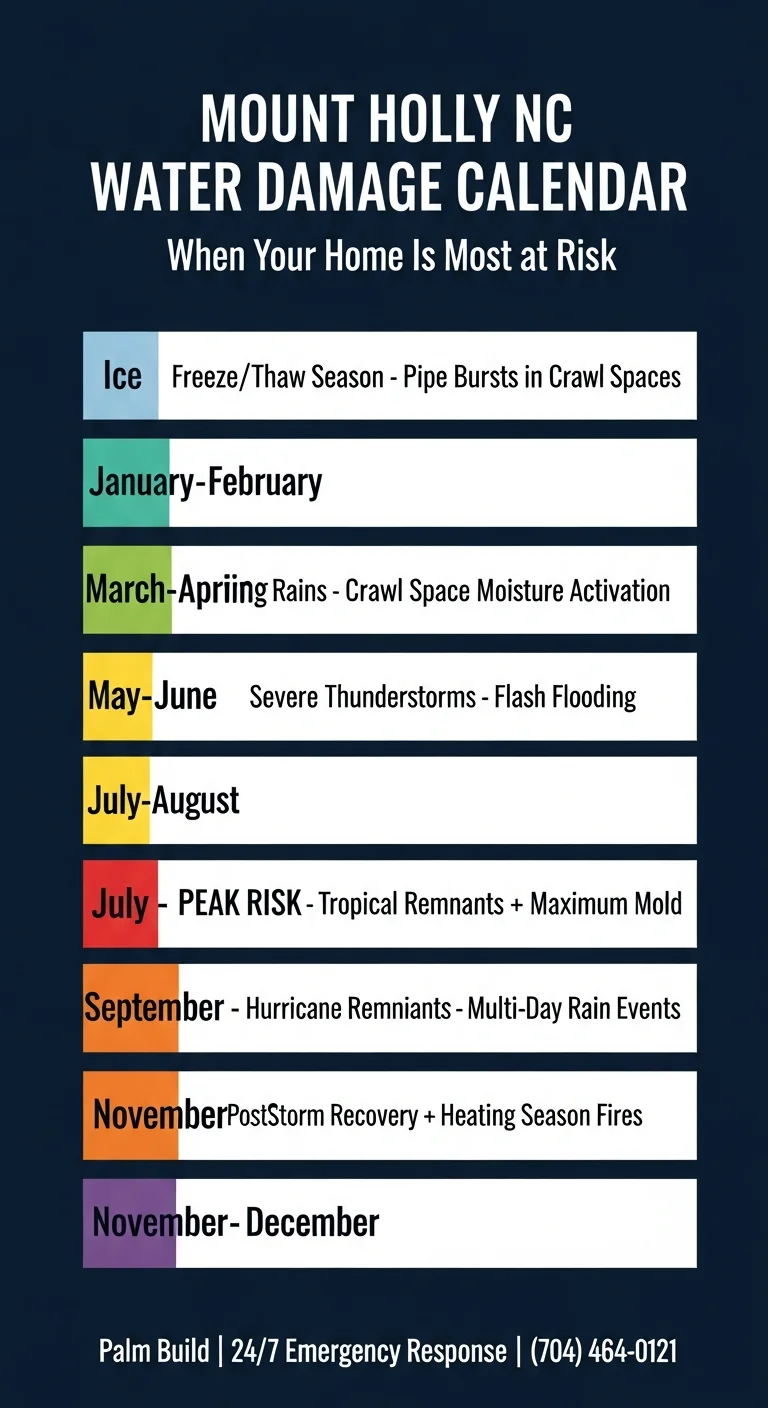 Mount Holly NC seasonal mold risk calendar showing month-by-month mold growth patterns driven by river corridor humidity and rainfall